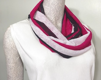 Bold Fuchsia Pink Black and White Stripes. Professional, casual, classy,soft full drape.  Loosely woven womans poly knit infinity scarf *