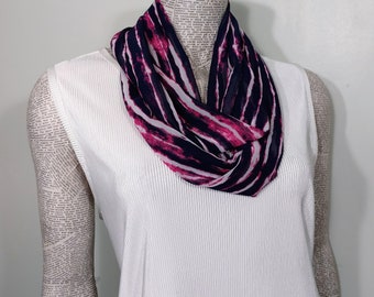 Bright hot pink and navy in abstract stripes on a chiffon woman's infinity scarf.  Summer - winter use.  Classy, casual, professional.