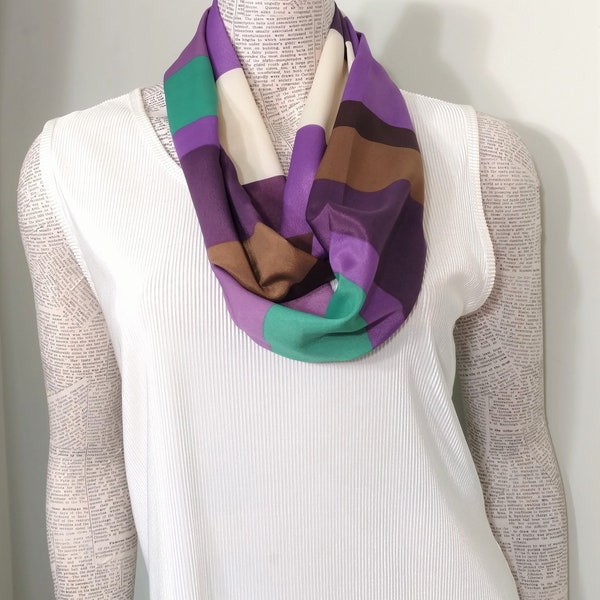 Blocks of Purple Brown Tan Green and Ivory on a women's smooth poly infinity scarf.  Sporty Casual  Professional. Nice close drape.*