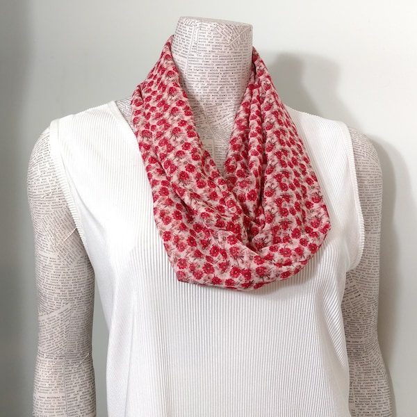 Tiny Red Flowers on Ivory summer weight women's light chiffon infinity scarf. Beautiful drape, versatile classy casual sporty washable.*