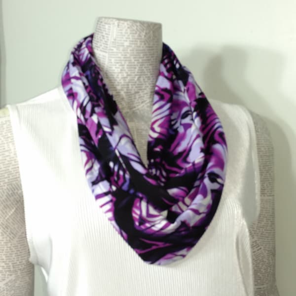 Purple fuchsia black white on a light weight rayon abstract print woman's infinity scarf. Full soft drape, Classy Professional Office wear.*