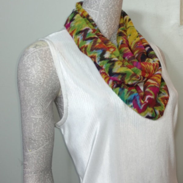 Abstract yellow maize green pink in a lightweight chiffon ladies infinity scarf.  Works with many color outfits. Beautiful drape. Versatile*