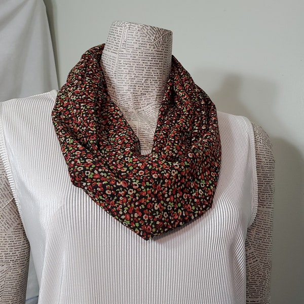 Brown with tiny flowers in rust tan and green leaves light weight woven ladies infinity scarf  Soft  light drape.  Casual Classy use.