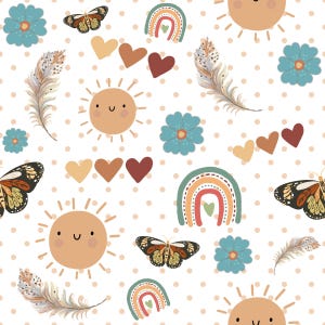 May include: A repeating pattern featuring a white background with small tan polka dots. The design includes smiling suns, butterflies, rainbows, hearts, flowers, and feathers in shades of tan, brown, teal, and red.