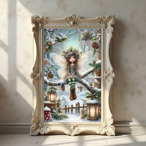 May include: A framed winter scene featuring a fairy with large wings, seated on a snow-covered branch. The fairy wears a floral crown, striped leggings, and boots. The artwork is set in a snowy forest with lanterns and pinecones, framed in an ornate, cream-colored frame.