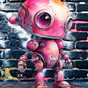 May include: A watercolour illustration of a pink robot with a round head, large eye, and articulated limbs. The robot stands against a brick wall with graffiti, blending technology and street art.