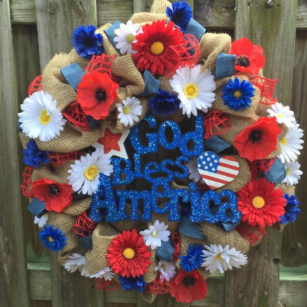 4th of July Wreath, Burlap Floral Wreath, Patriotic Wreath, Americana, Fouth of July Wreath, Front Door Wreath, Large Burlap Wreath,Burlap