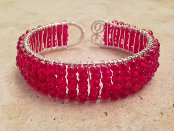 Items similar to Red Beaded Wire Wrapped Bracelet, Red Bracelet, Red ...