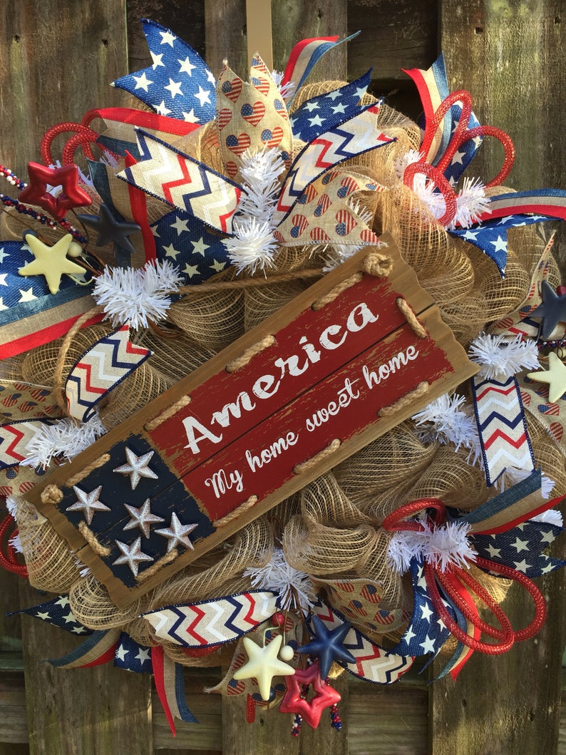 Summer Welcome Wreath Patriotic Wreath,Americana Wreath,Independence Day Wreath,4th of July Wreath Rustic Wreath Summer Mesh