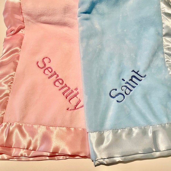 Personalized embroidered baby blanket with satin trim