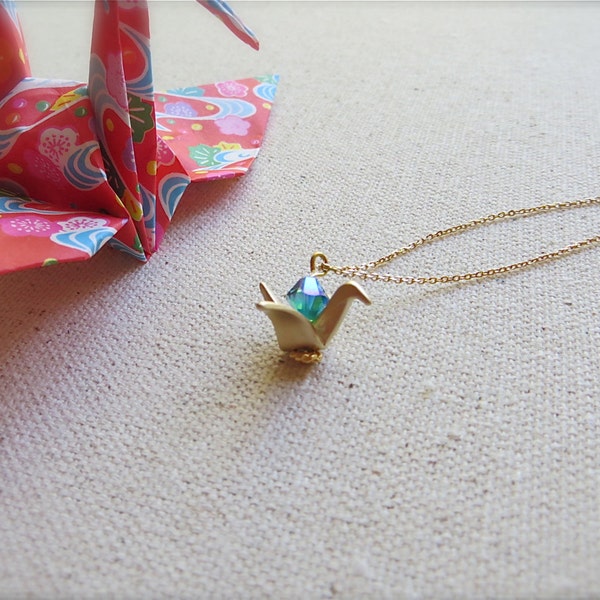 Japanese Crane bird Necklace, Hand made with swarovski beads, with Washi paper Gift wrapping