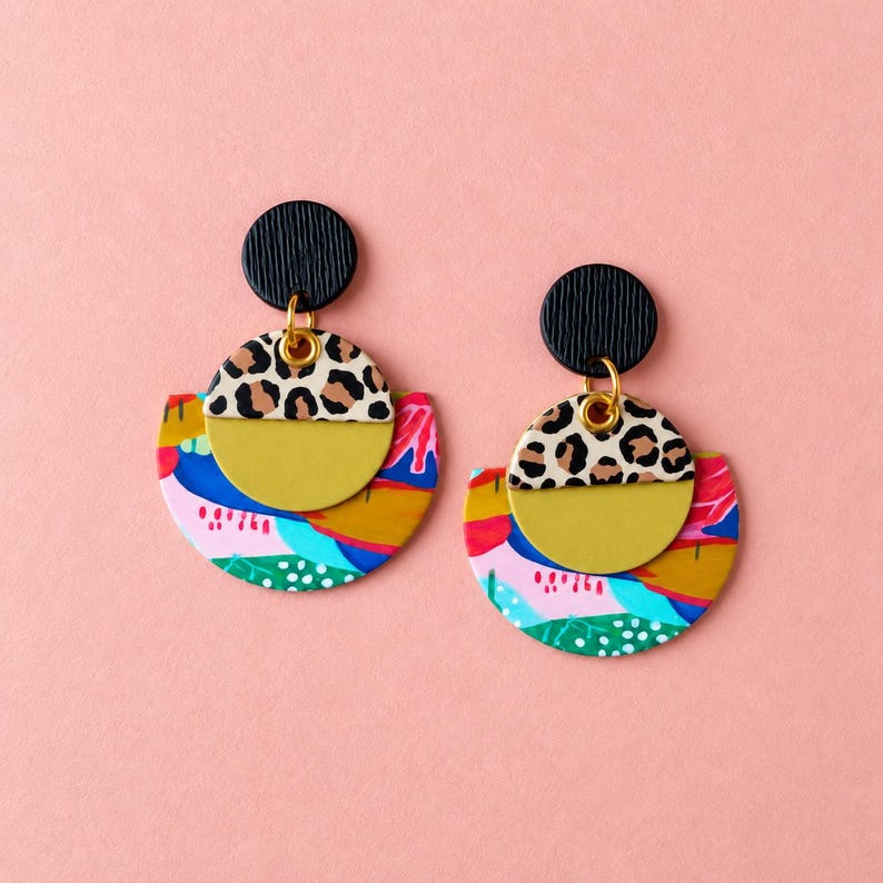 Animal Print Jewelry Leopard Pattern Earring Geometric Circle Shape Dangle Accessory Statement Piece Women Fashion Lightweight Paper Construction Funky Bold Design Water Resistant Finish Nickel Free Hardware Clip On Option Two Tier Abstract