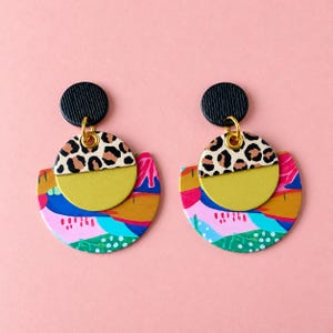 Leopard Print Earring Animal Pattern Abstract Design Funky Jewelry Gift Women Statement Accessory Lightweight Paper Circle Geometric Shape Dangle Style Nickel Free Brass Post Clip Option Available Water Resistant Sealed Finish Colorful Bold