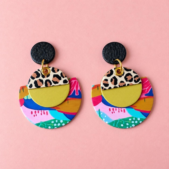 Leopard Print Earring Animal Print Abstract Design Funky Jewelry Gift Women Statement Accessory Lightweight Paper Circle Geometric Shape