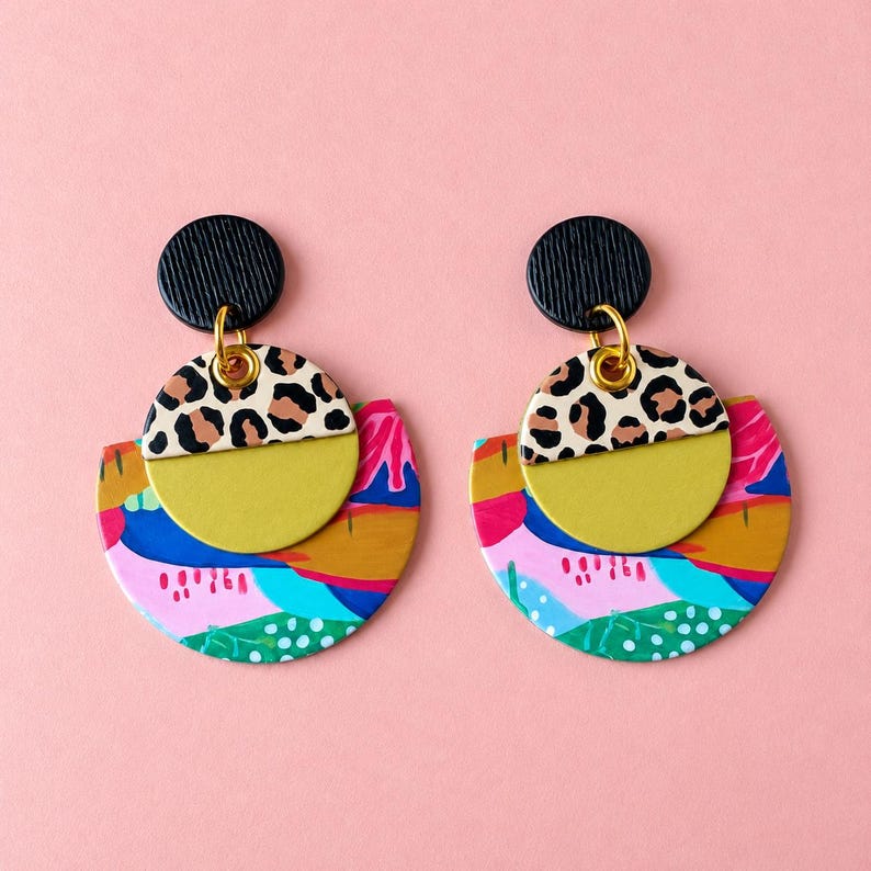 Leopard Print Earring Animal Pattern Abstract Design Funky Jewelry Gift Women Statement Accessory Lightweight Paper Circle Geometric Shape Dangle Style Nickel Free Brass Post Clip Option Available Water Resistant Sealed Finish Colorful Bold