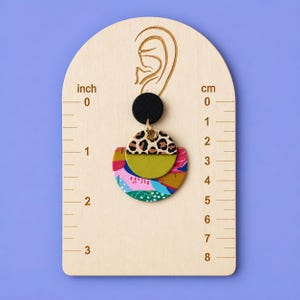 Lightweight Paper Earring Geometric Circle Design Two Tier Structure Leopard Print Pattern Animal Abstract Style Statement Accessory Women Gift Nickel Free Brass Post Water Resistant Sealed Finish Clip Option Available Funky Bold Fashion