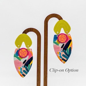 Bold Floral Paper Dangle Earrings: Lightweight Geometric Statement Jewelry (Clip-on Option)