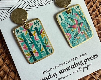 Mahjong Bird Earring Lightweight Statement Jewelry Mahjong Lover Gift Colorful Bamboo Dangle Handmade Paper Earring Game Night Gift for Her