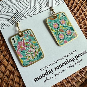 May include: A pair of rectangular dangle earrings featuring a gold-toned metal frame and a colorful illustration of a peacock and floral patterns on a light blue background. The earrings hang from gold-toned hooks and display Chinese characters.