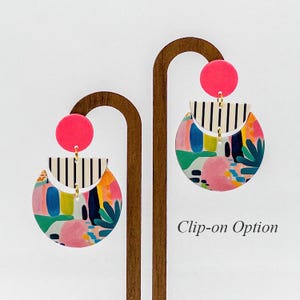 ALVA Handmade Colorful Dangle Paper Earrings: Hot Pink Floral Geometric Statement (Clip On Option)