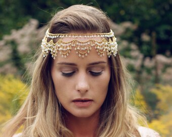 Boho Bridal Headpiece: Gold Crystal Head Chain, Bohemian  display picture 3