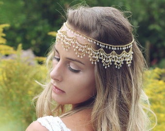 Boho bridal headband, bohemian head chain, boho crystal headpiece, gold bridal crown, statement headdress, gold boho forehead chain