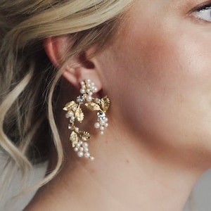 Handmade Gold Leaf Bridal Earrings: Pearl & Crystal Vine Earrings