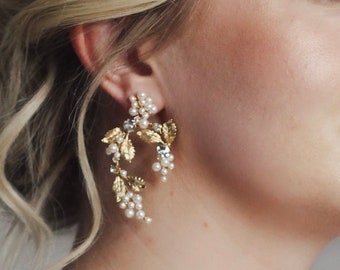 Gold leaf earrings, luxe bridal earrings, real pearl earrings, ornate earrings