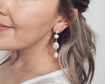 Bridal pearl drop earrings, boho bridal earrings, boho wedding earrings, pearl stud, irregular pearl, chunky pearl, coin pearl earrings