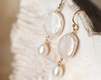 Boho Bridal Earrings, Coin Pearl Earrings, Dainty Pearl Earrings, Handmade Jewelry Pearl Drop Earrings