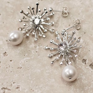 Starburst stud earrings, bridal earrings, silver star earrings, constellation earrings, real pearl earrings