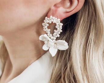 PORTLAND // Handmade Clay Flower & Freshwater Pearl Statement Bridal Earrings - Unique Wedding Jewelry for a Timeless Look