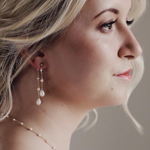 Bridal earrings, real pearl earrings, pearl chain earrings, minimal pearl earrings