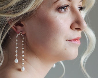 Boho bridal earrings, pearl chain earrings, minimal pearl earrings, real pearl earrings