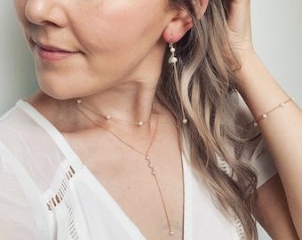 Delicate Layered Pearl Bridal Necklace with Back Drop - Handmade Wedding Jewelry for Brides
