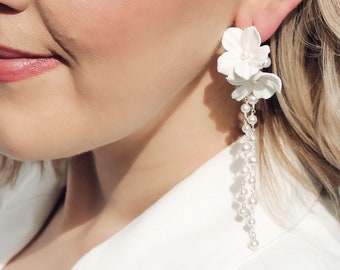 KENSINGTON // Handmade Freshwater Pearl Long Drop Bridal Earrings with Clay Flowers - Artisan Floral Jewelry for Contemporary Elegance