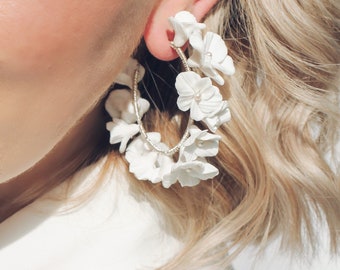 WALCOT // Bridal Hoop Earrings // Luxe Floral Wedding Jewelry with Unique Hand Sculpted Clay Flowers, Elegant, Modern Bridal Jewelry