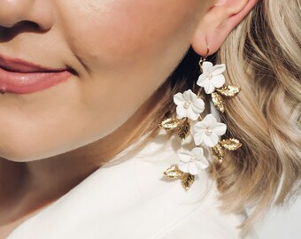 BLOOMFIELD // Handcrafted Floral Bridal Earrings, Boho Bridal Jewellery with Sculptural Flowers, Leaf Vines and Freshwater pearls.