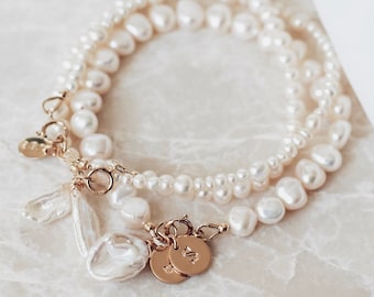 ALICE// Pulsera personalizada // pulsera nupcial de perlas de agua dulce, pulsera de boda grabada, regalo para novia, pulsera nupcial boho