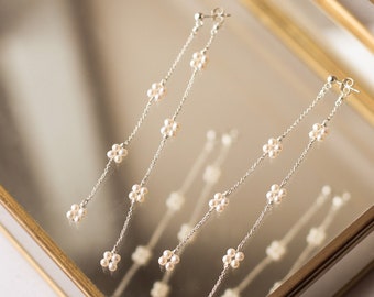 Bridal earrings, real pearl earrings, long chain pearl earrings, minimal pearl earrings