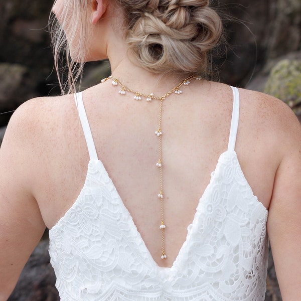 Bridal back necklace, bridal back drop necklace, backdrop, pearl bridal jewelry, gold and pearl, boho chain, layered necklace, matching set