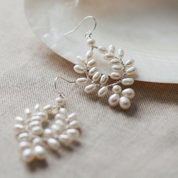 Boho Bridal Earrings, Pearl Vine Earrings, Classic Wedding Earrings for Brides, Handmade Wedding Jewelry
