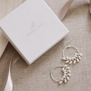 Bridal pearl hoop earrings, laurel leaf earrings, boho bridal earrings, sterling silver bridal earrings, unique bridal earrings
