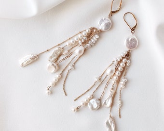 CLARENDON // Boho Luxury Bridal Earrings: Long Dangly Gold Chain & Mixed Freshwater Pearls, Stylish Wedding Jewelry