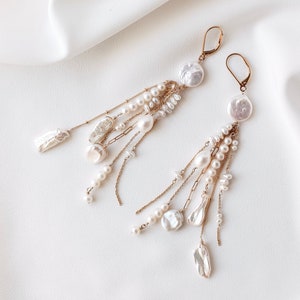 CLARENDON // Boho Luxury Bridal Earrings: Long Dangly Gold Chain & Mixed Freshwater Pearls, Stylish Wedding Jewelry image 1