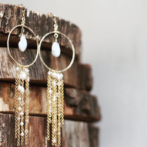 Bridal earrings, long boho gold hoop earrings, pearl bridal accessories, hanging chain earrings, dangly boho earrings, big gold hoop, bride image 4