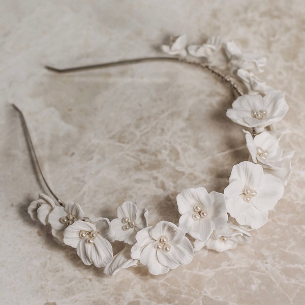 WALCOT // Bridal Headpiece // Hand sculpted clay flower headpiece, floral wedding headband, romantic flower crown, pearl statement tiara