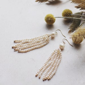 Pearl tassel bridal earrings, boho tassel earrings, seed pearl earrings, boho wedding earrings, gold tassel earrings, boho bridal earrings image 3