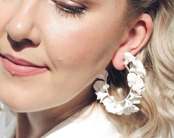 WALCOT // Bridal Hoop Earrings // Luxe Floral Wedding Jewelry with Unique Hand Sculpted Clay Flowers, Elegant, Modern Bridal Jewelry