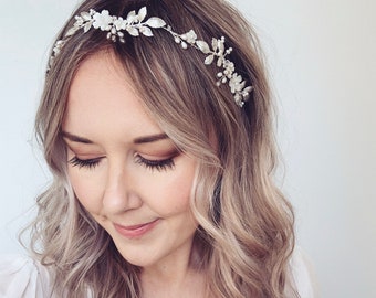 Bridal hair vine, silver leaf hair vine, boho bridal floral headband, pearl headband, pearl flower tiara, nature theme wedding headband